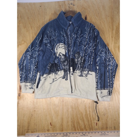National Wildlife Federation Other - VTG National Wildlife Federation Fleece Jacket Men L Blue Wolf Moon Graphic Y2K